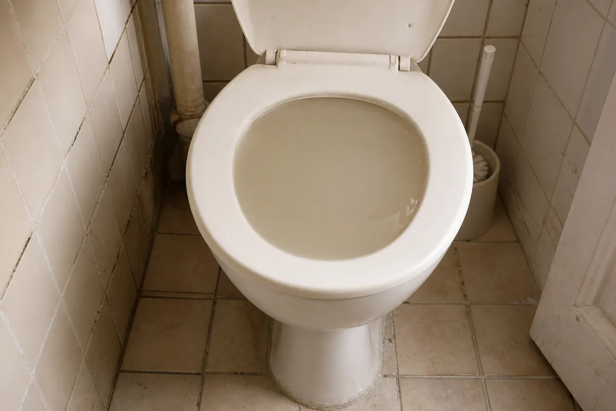 Cuvette de WC dont l’eau remonte dans une salle de bain ancienne du centre de Perpignan
