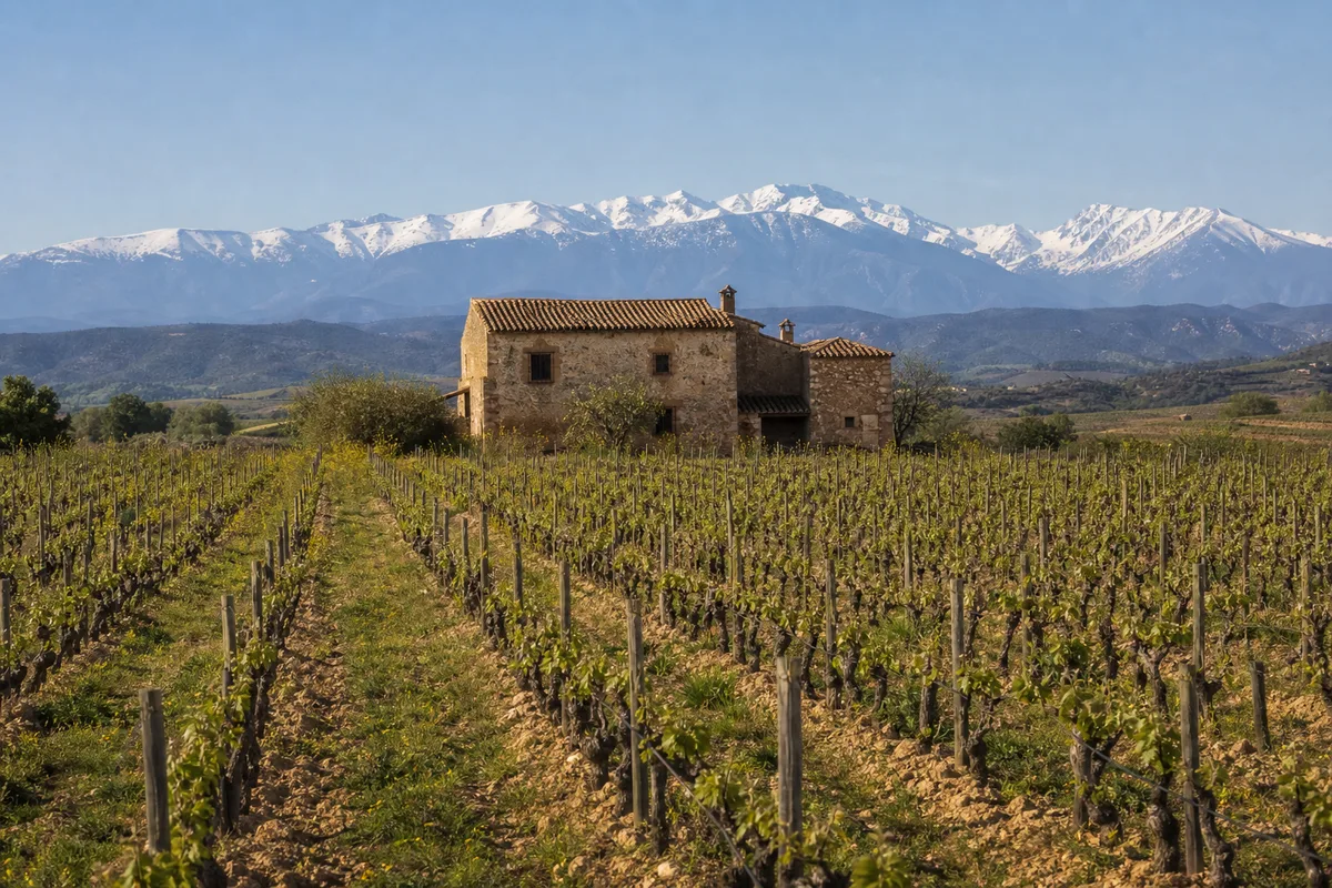Vue de la plaine du Roussillon avec vignes, mas ancien et massif du Canigou en arrière-plan