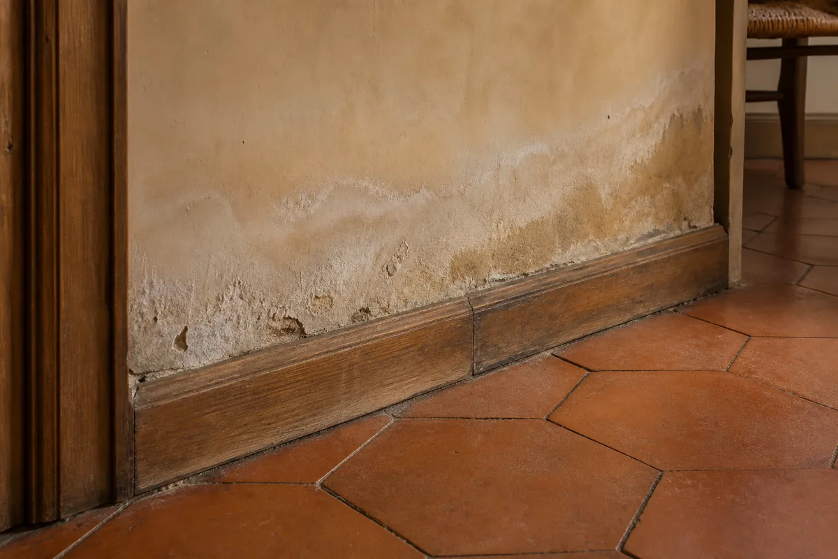 Compteur d&rsquo;eau et traces d&rsquo;humidité sur le mur d&rsquo;un appartement ancien à Perpignan