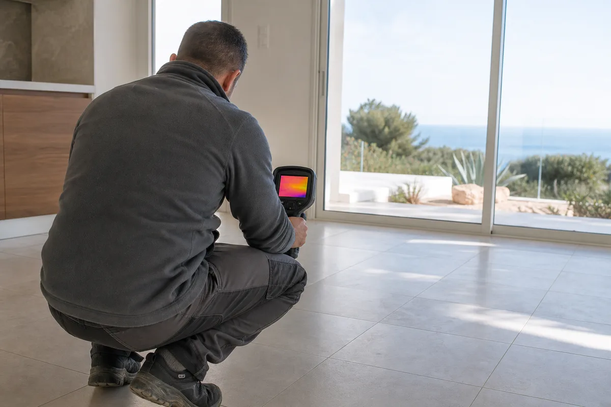 Plombier utilisant une caméra thermique pour localiser une fuite sous un sol carrelé