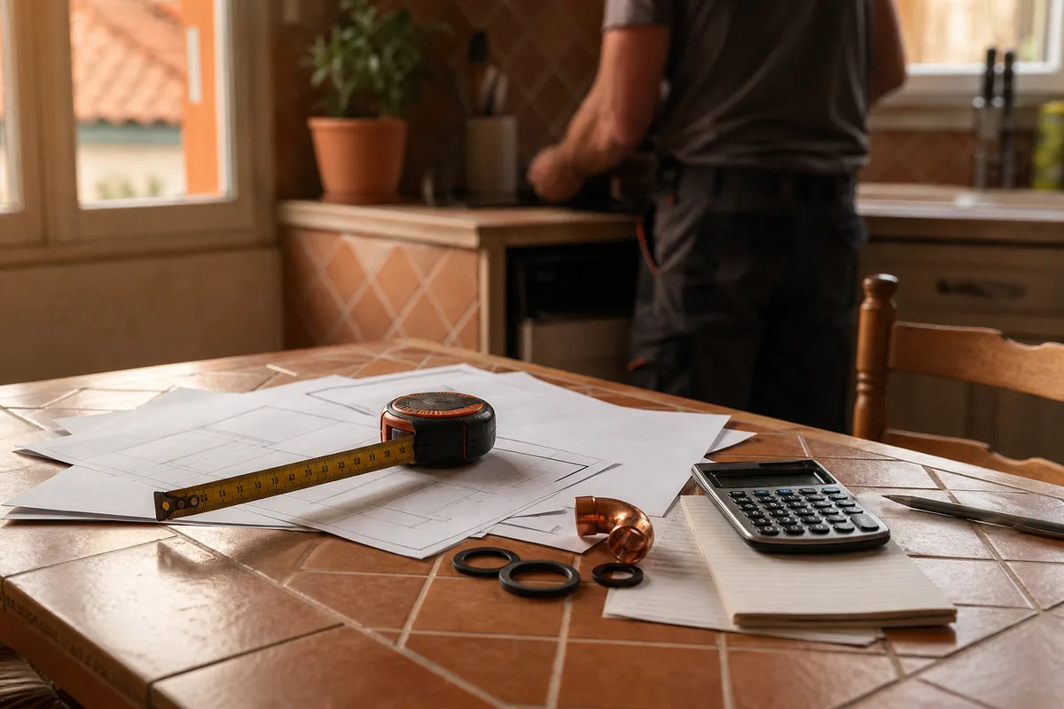 Plan de travail d’un plombier avec devis papier, calculatrice et raccords en laiton sur une table en bois
