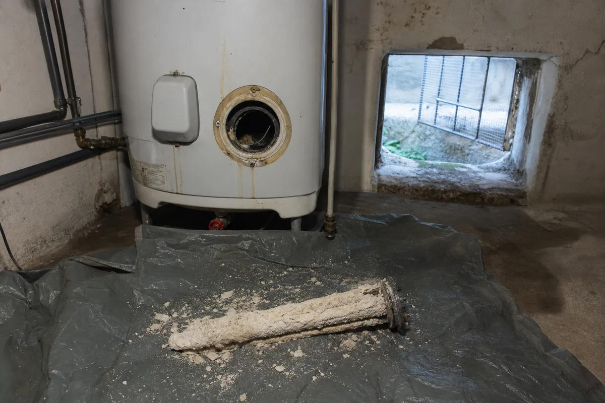 Chauffe-eau électrique ouvert laissant apparaître une résistance fortement entartrée dans un local technique
